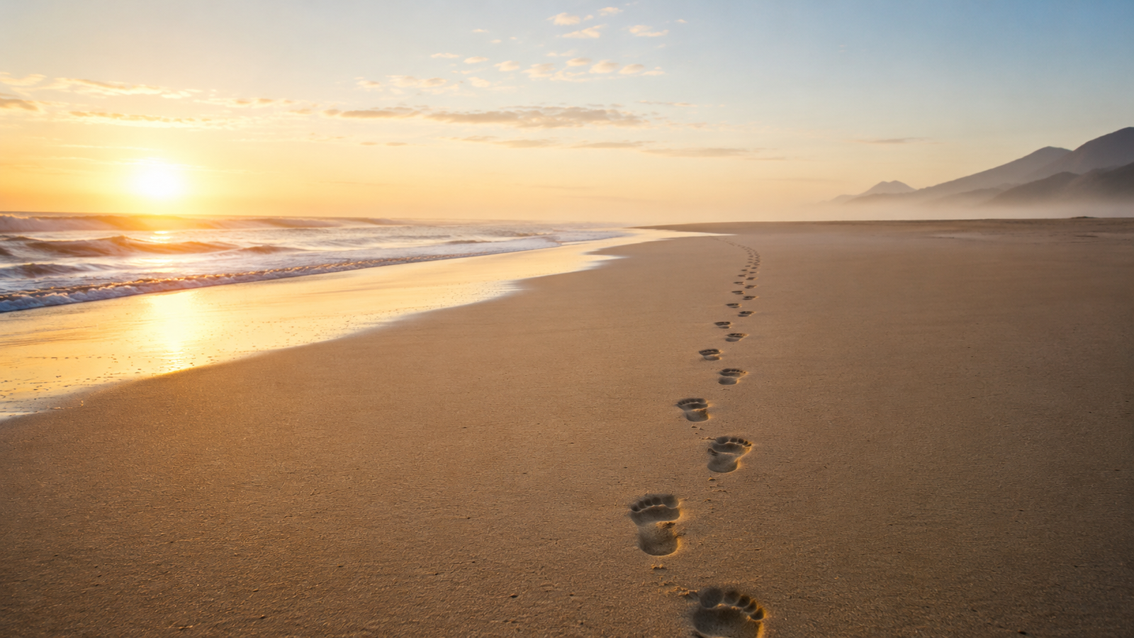 Footprints trailing across a beach into the sunrise