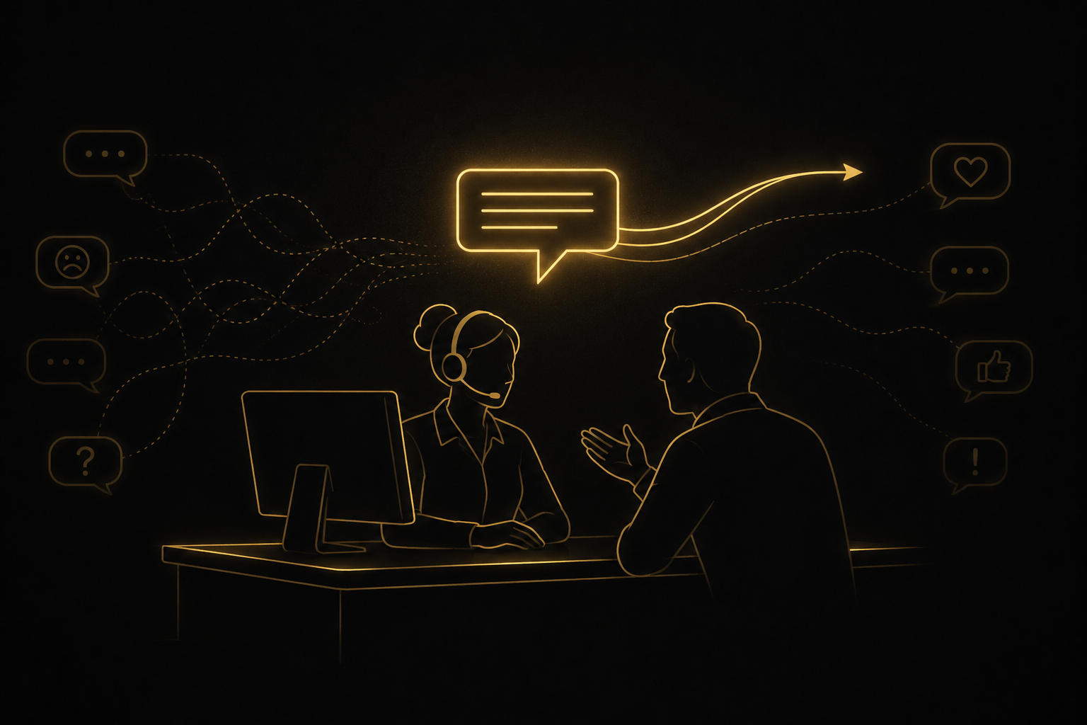A customer service representative listening closely to a customer across the desk, surrounded by scattered feedback signals