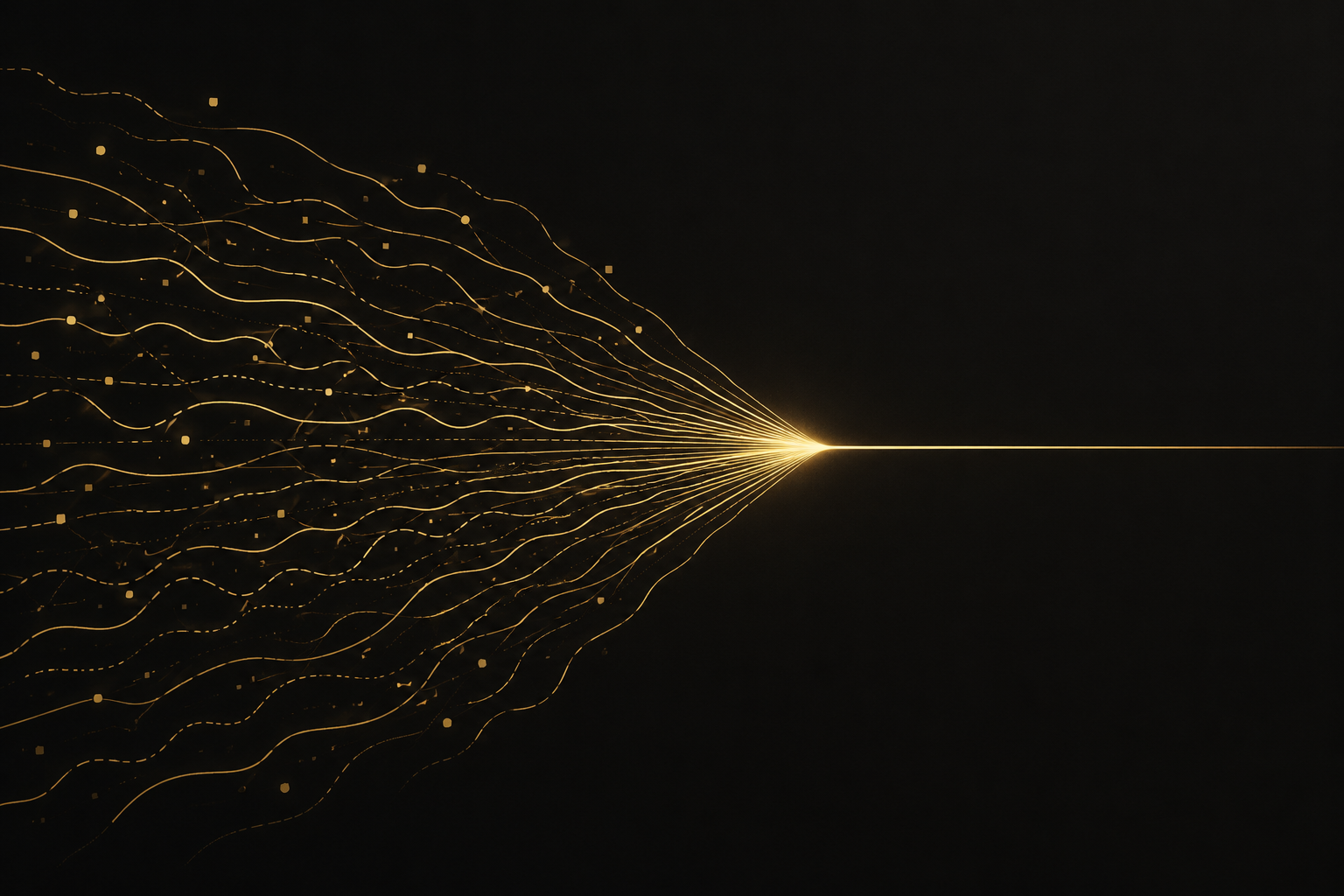 Golden threads of scattered signals converging into a single clear line