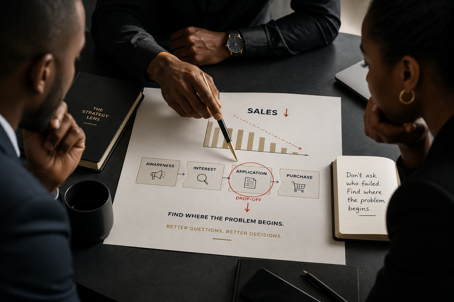 Peeling back the surface asks, visibility, sales, quick wins, to reveal the real question underneath: business need, customer behaviour, context, trade-offs, long-term impact