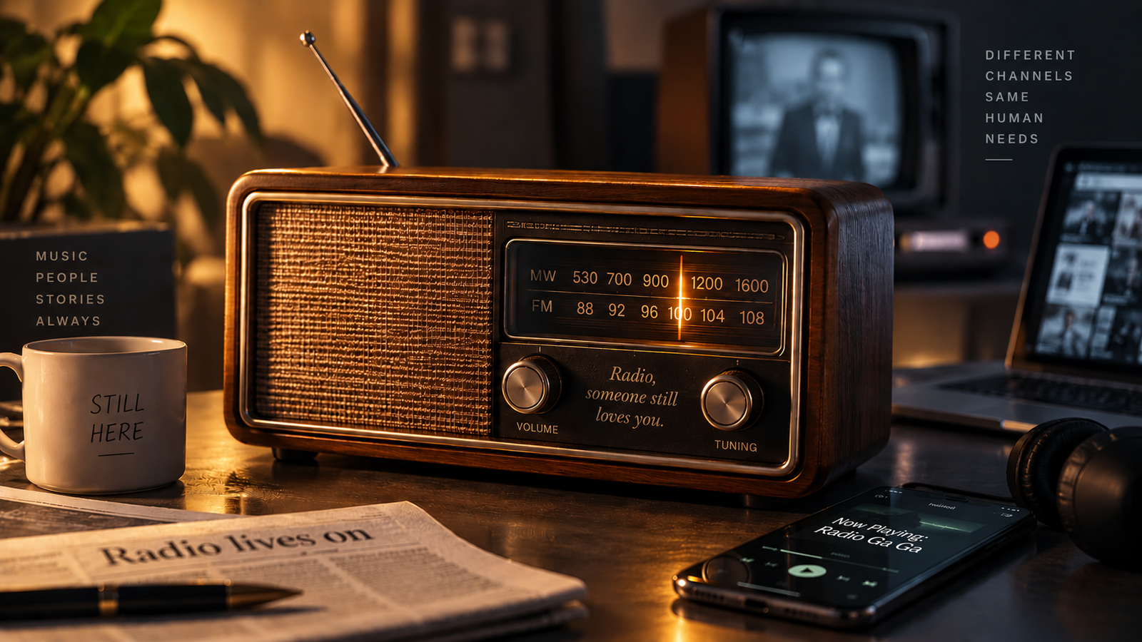 A warmly lit vintage radio glowing on a desk beside a black-and-white television, a smartphone playing music, headphones, and a folded newspaper with the headline Radio lives on