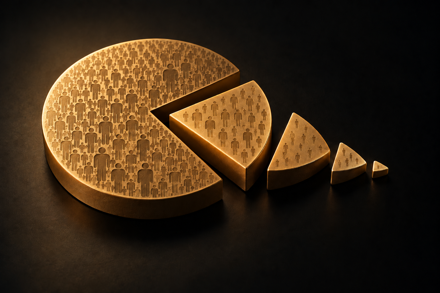A gold coin engraved with a crowd of tiny figures, sliced into progressively smaller wedges